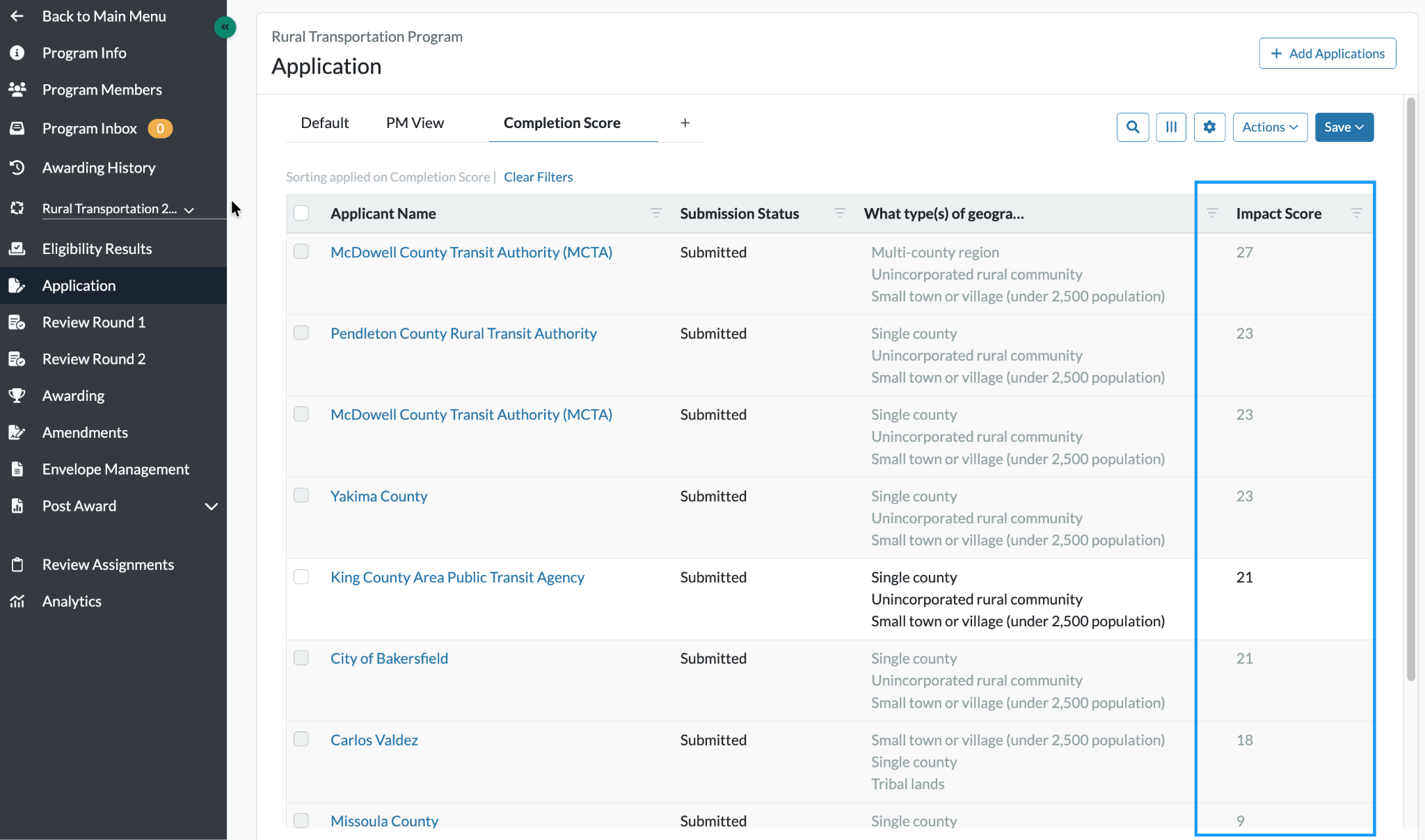 Image of applications sorted by score